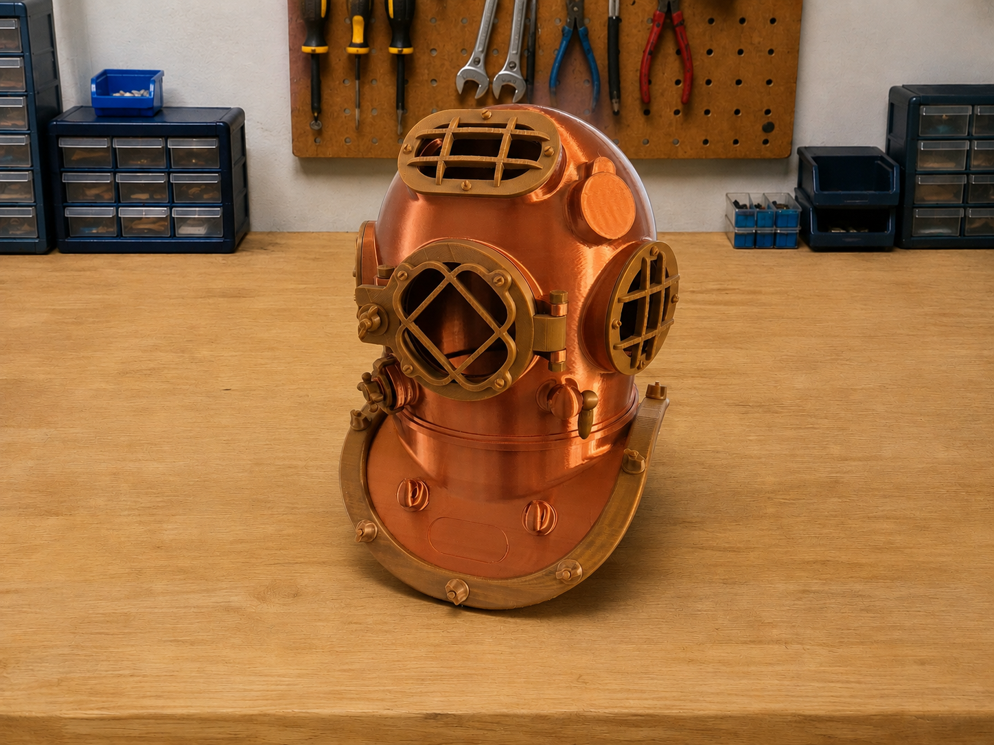 Vintage duikhelm in koper en messing, 3D-geprint en afgewerkt